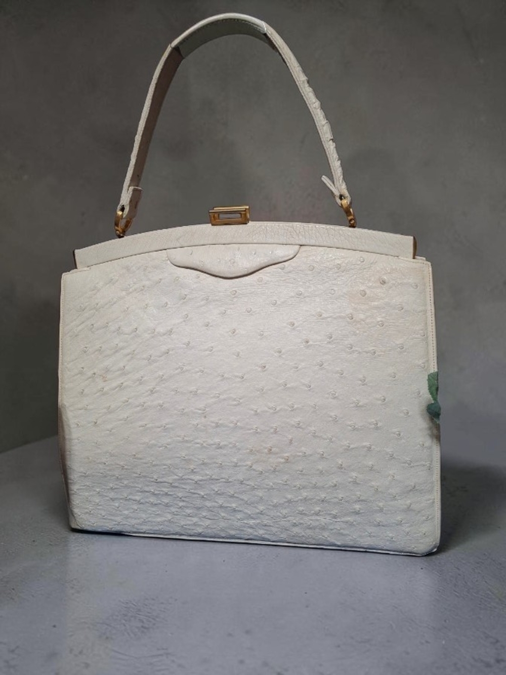 Lucille De Paris White Ostrich-Texture Leather Top Handle Bag Vintage 50s 60s